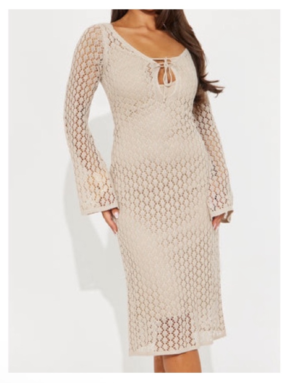 NWT HYFVE Crochet Midi Dress/Coverup w/Bell Sleeves - Taupe